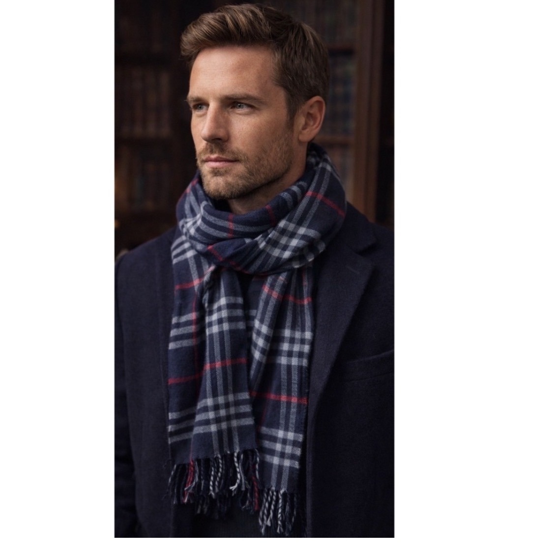 Burberry London Navy Blue Giant Check Scarf Eyelash Fringe Plaid Unisex